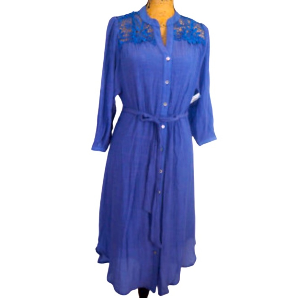 Anthropologie Fig & Flower Elegant Blue Lace Belted Button-Down Dress Size Small